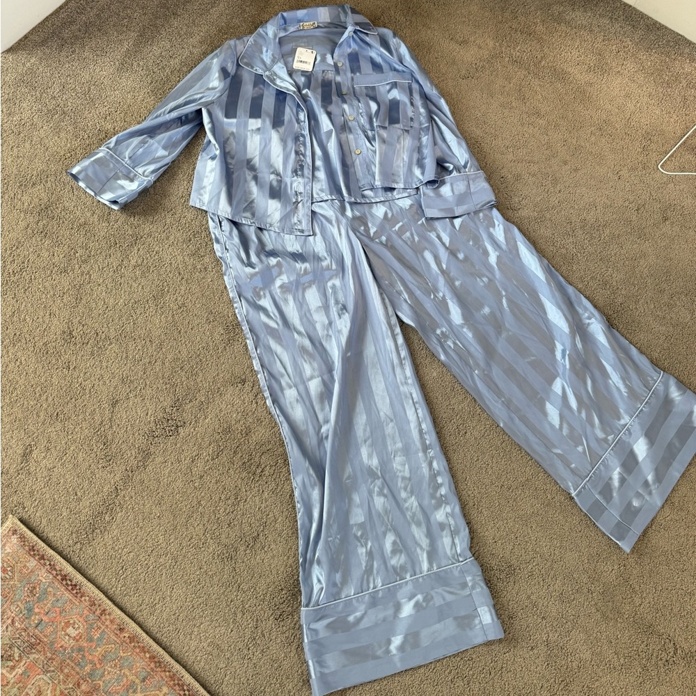 Free People Pajama Party Sleep Set Light Blue Silky Satin Stripe Pajama Set NWT